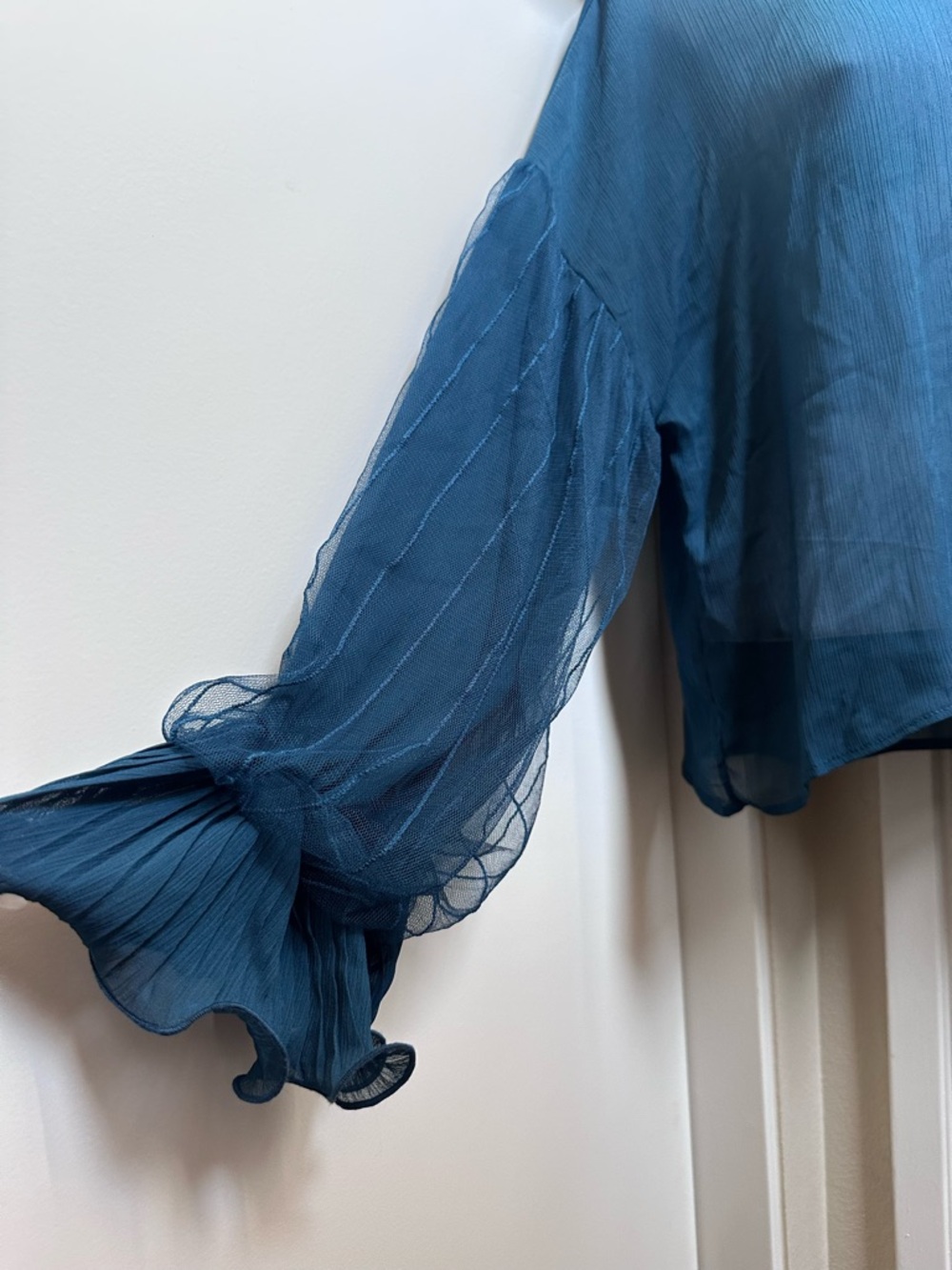Sheer Mock-Neck Blouse with mesh bubble sleeve and ruffle cuffs - Teal - Picture 4 of 5
